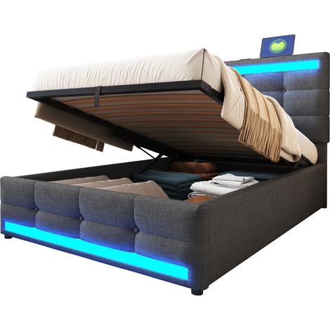 Lit rembourré 90x200 avec LED RGB, ports USB au tête de lit et hauteur réglable, idéal chambre enfant ou ado, gris  CHICFURN (1/5)