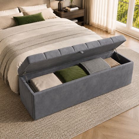 Banc coffre de rangement en velours, bout de lit rembourré 138 x 41 x 42 cm, banquette élégante pour chambre (1/5)