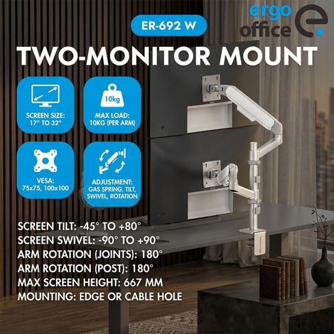 Soporte / colgador para 2 monitores Ergo Office, resorte de gas, 17"-32", 1-10 kg, blanco mate, ER-692 W (1/5)