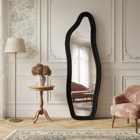 Miroir Plein Pied 140x45 cm Design Asymétrique en Forme de Arc, Bord Velours, Support Inclus, Fixation Murale Possible - Noir