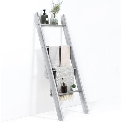 Portasciugamani inclinato a 4 ripiani, mensola da bagno in legno di pino, 50 x 7,5 x 136,5 cm, grigio (1/5)