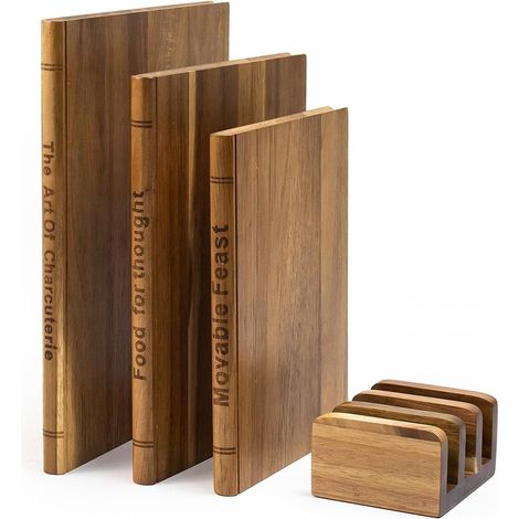 Tabla de cortar con forma de libro: parece exactamente un libro juego de 3 piezas hecha de madera maciza de acacia y nogal fácil de limpiar y guardar un artículo único. (1/5)