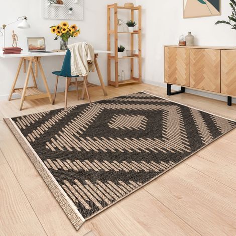 In-& Outdoor Teppich Wohnzimmer Wetterfest Balkon Boho Geo Motiv 3D Fransen 80 cm x 150 cm x 11 mm Anthrazit Rechteckig (1/5)