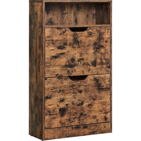 Vasagle – Meuble à chaussures 2 abattants 60 x 24 x 102 cm – Placage mélaminé marron rustique – Compartiment ouvert pour clés – LBC040X01 (1/4)