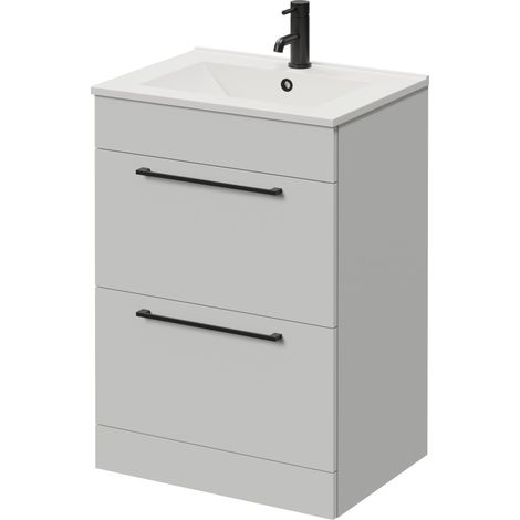 Napoli 460 Gloss Grey Pearl 600mm 2 Drawer Vanity Unit with Angel Basin - 600mm - Matt Black 320mm Handle