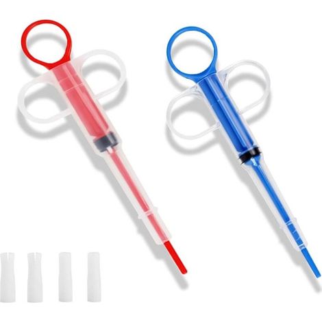 2 Pièces Lance Pilule Chat, Pet Pill Dispenser, Seringue pour Animaux De Compagnie, Fabriqué en PP et Silicone, avec Réutilisable 4 Embouts Souples, Convient Petits Animaux, Bleu & Rouge (1/5)