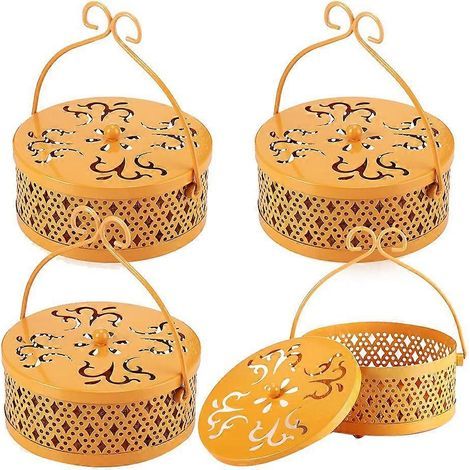 Lot de 4 porte-spirales anti-moustiques, porte-spirales d'encens ronds, style rétro, portable, en métal, avec poignée, jaune (1/5)
