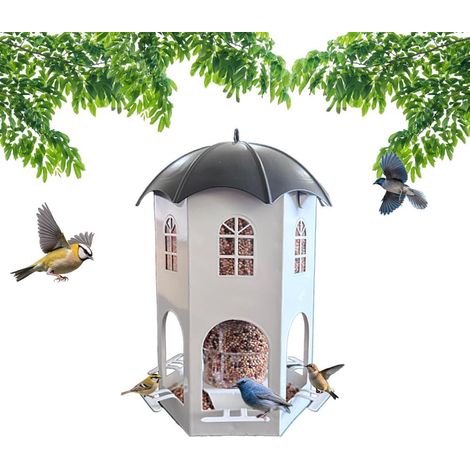 Mangeoire suspendue extérieure en métal - Mangeoire pour oiseaux sauvages à 5 ouvertures - Anti-écureuil - Décoration de jardin - Grande capacité de graines - Mangeoire étanche (blanche) (1/5)