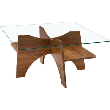 Quadratischer Couchtisch aus Sicherheitsglas 80 cm mit MDF-Gestell in Walnussoptik MODENUIT (1/5)