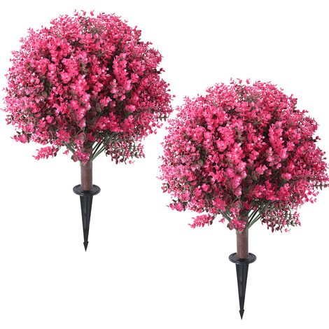 2 alberi di eucalipto artificiali con picchetti per il fissaggio a terra, piante simulate, resistenti ai raggi UV, per giardini, colore rosa (1/5)