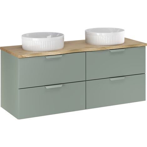 Ensemble meuble et deux vasques Beyond 120 cm ASTER vert avec plan en chêne (1/5)