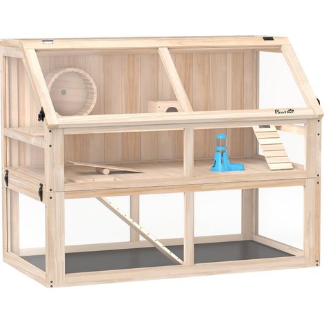 Cage en bois pour hamsters, à 3 niveaux, cage pour petits animaux avec bascule, cabane à roues de course, 95 x 53 x 76 cm, bois naturel (1/5)