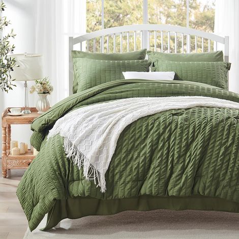 Parure de lit 7 pièces en Seersucker Vert Olive avec Couette et draps, Parure de lit Toutes Saisons avec 1 Couette, 2 taies d'oreiller, 1 Drap Plat, 1 Drap-Housse (1/5)
