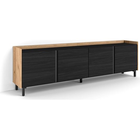 Skraut Home - Meuble TV, Banc Télé, Grand espace de Rangement, 207x35x61cm, Pour les TV jusqu'à 80", Design industriel, Style moderne, Noir et chêne (1/5)