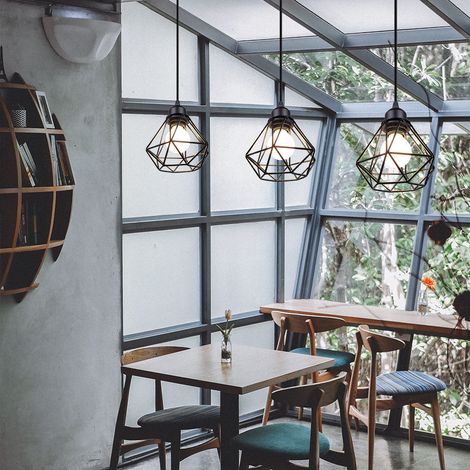 3er Pendelleuchte, Kronleuchter im Industri Stil, Antik Hängelampe mit Ø16cm Mini Diamant-Form Käfig E27 Halter für Wohnzimmer Schlafzimmer Esszimmer (Schwarz)