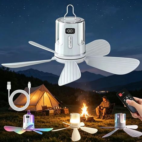 Ventilatore da campeggio portatile con LED, ventilatore da soffitto silenzioso con telecomando e timer, ventilatore da soffitto ricaricabile tramite USB per campeggio, per tenda [Classe energetica C] (1/5)