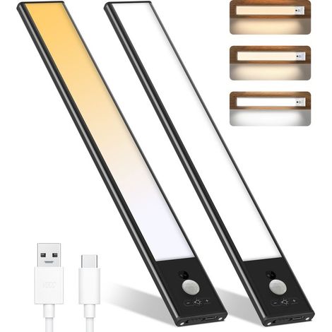 Réglette et spot de cuisine et meuble 2pcs Capteur de mouvement PIR intérieur LED veilleuse sous armoire USB sans fil batterie rechargeable placard cuisine placard armoire lumière-Noir (1/5)