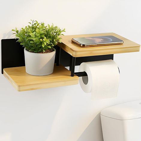 Porte Papier Toilette Mural en Bois de Bambou Derouleur Papier Toilette sans Percage avec étagères Noir Porte Rouleaux de Papier Toilette (1/5)