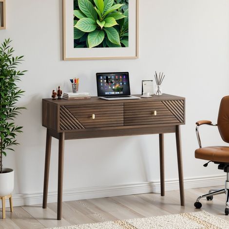 Console bureau rétro noyer milieu siècle avec tiroirs et étagères ouvertes - Table accueil salon/hall 100x35x80cm (1/5)