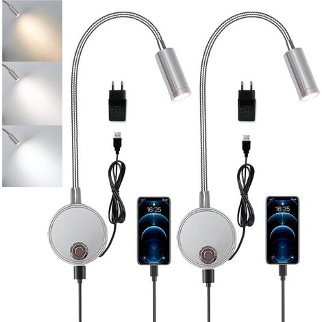 Lampe Lecture Murale LED - 2 Pièces - Aluminium Argenté - Dimmable Tactile et USB - Pour Chevet et Bureau - Col Flexible 38cm (1/5)