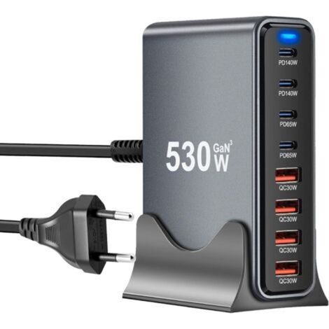 Ecleanfy-Chargeur USB C 530 W avec 8 ports, GaN III USB Chargeur rapide multiple avec 4 ports USB-C et 4 ports USB-A, Power Delivery, station de charge USBC pour MacBook Pro/Air, iPhone, iPad, Samsung (1/5)