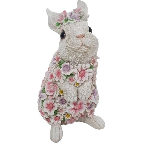 Dekofigur Hase mit Blumen 25 x 13 x 16 cm weiß rosa lila Skulptur