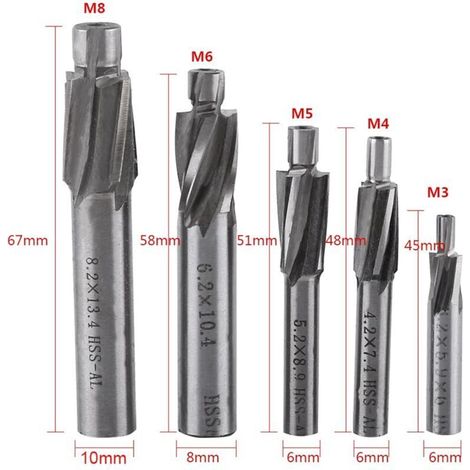 Fraise à lamer, Fraise En Bout, 5pcs Fraises Etagée HSS, Foret a Lamer Metal, M3-M8 Cutter Slot Forets Set, Coupe Foret De Forage à 4 Flûtes Pour Le Cuivre, L'aluminium, L'acier (1/3)