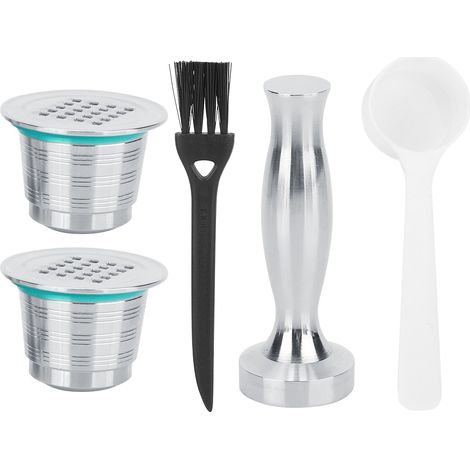Lot de 2 capsules à café réutilisables en acier inoxydable avec presse à poudre, compatible machine Nespresso (1/5)
