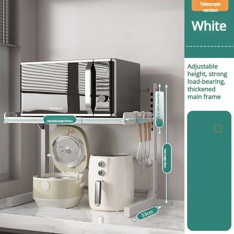 (Blanc, 2 niveaux) Étagère de rangement de table rétractable à plusieurs niveaux pour four à micro-ondes, avec compartiment de rangement épais pour la cuisine et la maison. (1/5)