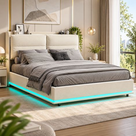 Lit coffre 140x200 cm beige avec LED, lit double avec rangement hydraulique et sommier, tête de lit rembourré avec recharge sans fil, USB et Type-C (1/5)
