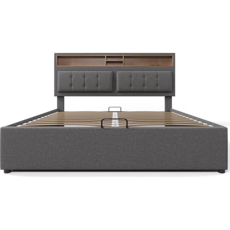Doppelbett 140x200 aus grauem Leinenstoff mit verstellbarem Kopfteil, Stauraum und USB-C (1/5)