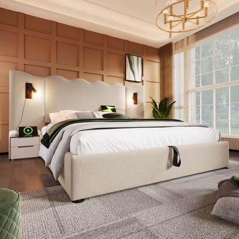 Lit coffre double 180x200 cm-liseuse orientable à 360°-ports USB/USB-C-rangement hydraulique-sommier à lattes-lin beige-sans matelas (1/5)