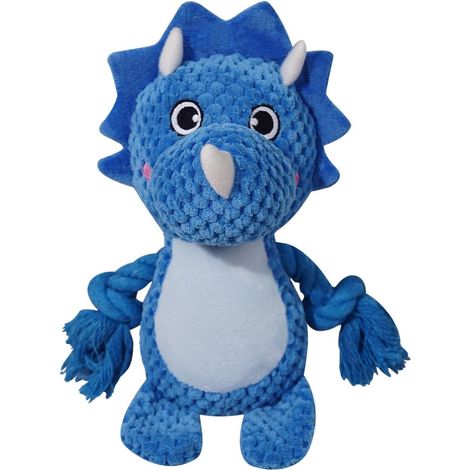 JeiibrZui Jouet pour chien - Taille S - 1 corde interactive qui couine et froisse - Tricératops bleu (1/5)
