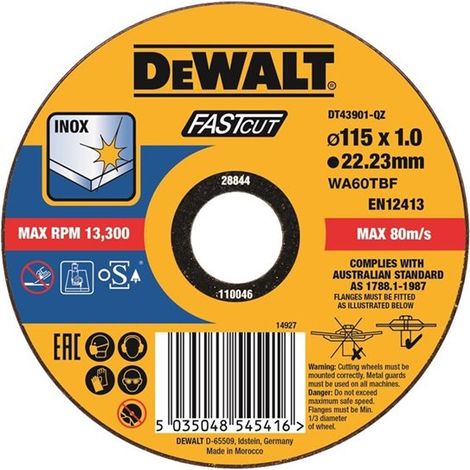 Dewalt DT43905-QZ Disco de corte plano INOX con grano profesional de óxido de aluminio Long Life 115 x 1.6 x 22.23mm
