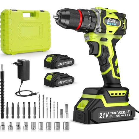 Perceuse Visseuse Sans Fil 21V, Perceuse Percussion Brushless 60Nm, 2 Batteries 2000mAh, 21+3 Couples, Mandrin 10mm, 2 Vitesses, LED, 29 Accessoires et Coffret (1/5)