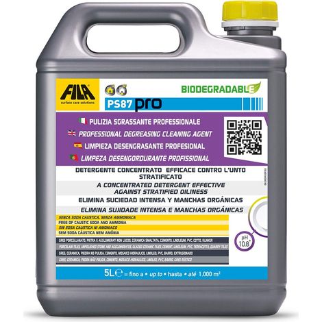 FILA Surface Care Solutions, PS87 PRO, Detergente Sgrassatore per Pulizia Pavimenti, Potere Decerante Smacchiante, Adatto a Gres Porcellanato Effetto Legno, 5L (1/2)