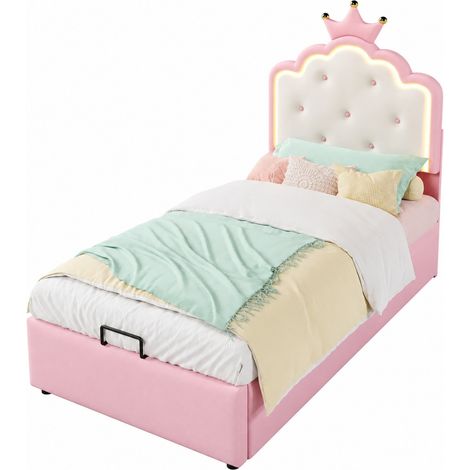 Letto contenitore imbottito 90x200 cm con rete, luce LED telecomandata, stile principessa rosa, in cuoio rigenerato, senza materasso – CHICFURN (1/5)