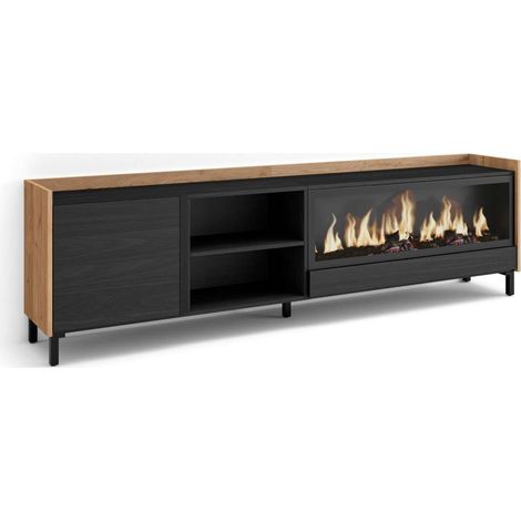 Mueble TV Teba-01 de 212x61x35 cm con chimenea eléctrica XXL, diseño industrial, color negro y roble (1/4)