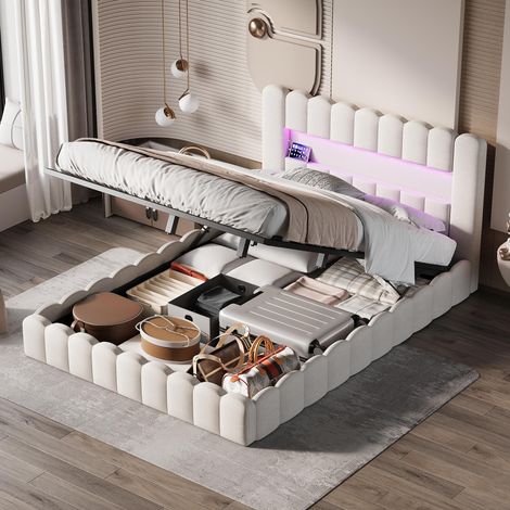 Lit coffre 180x200 cm pour chambre adulte - Lit double rembourré avec sommier à lattes, chargement USB/Type-C et LED - Lin et Métal -Rangement hydraulique - Beige