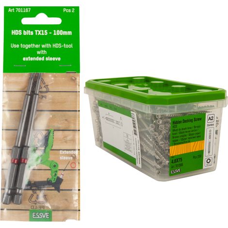 Tornillos para terrazas ESSVE HDS NN de acero A2, 4,8 x 75 mm, 250 unidades + puntas TX de 15 x 100 mm, 2 unidades (1/5)