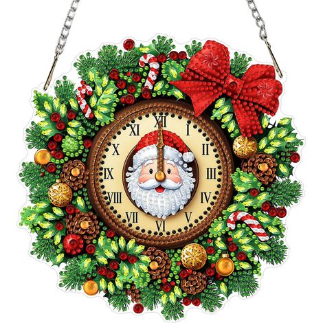 DIY Père Noël Diamond Painting Pendentif, Horloge Diamant Painting Suspension Adulte Ornement, Attrape-Soleil en Cristal pour Décoration de Fenêtre, Jardin, Maison et Mur 20x20CM (1/5)