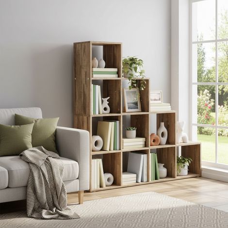 Bibliothèque Étagère Cube Bois 10 Cases, Meuble Rangement Salon, Séparateur de Pièces, 129,5 x 27 x 129,5 cm, Marron (1/5)