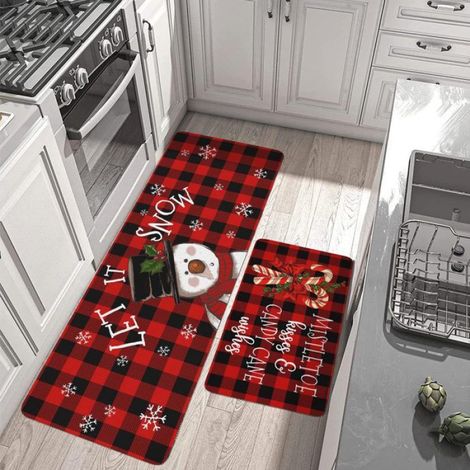 Lot de 2 Tapis de Cuisine, Velours Cristal Antidérapant, 40x60cm et 40x120cm, Motif Noël pour Salle de Bain (1/4)