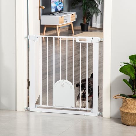 Puerta de seguridad para mascotas (103x76 cm), con doble cierre, puerta pequeña, ABS blanco (1/5)