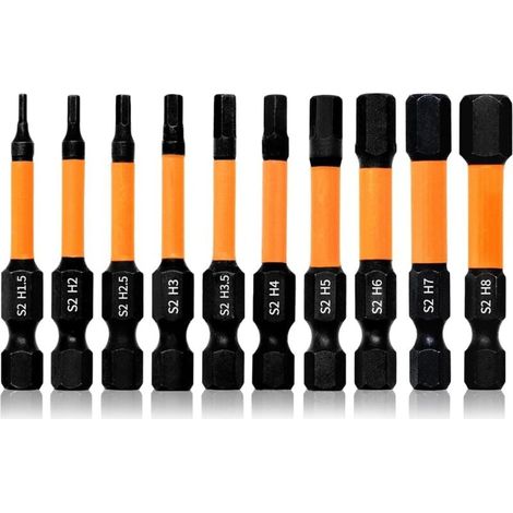 Set mit 10 Sechskant-Schraubendreherbits, 50 mm lang, innenmagnetische Sechskant-Schraubendreherbits H1.5 H2 H2.5 H3 H3.5 H4 H5 H6 H7 H8, 1/4" Sechskantschaft. (1/4)