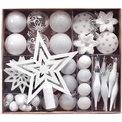 58 bunte, bruchsichere Weihnachtsbaumhänger mit Weihnachtskugeln und Sternen (Schneeweiß) (1/3)