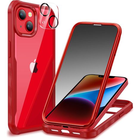 Anti Espion Coque iPhone 14 / iPhone 13, avec Protection écran Verre Trempé Anti Espion et Protecteur Caméra [9H HD] 360° Antichoc Téléphone Housse Double Face Case Intégrale Etui - Rouge (1/5)