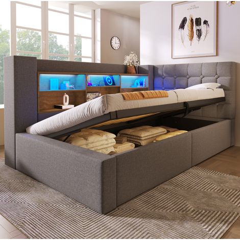 MEUBLIV Lit rembourré 90x200 cm avec éclairage LED rangement hydraulique tête de lit L réversible tissu de lin gris (1/5)