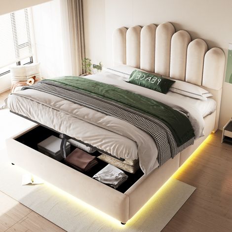 Lit capitonné 140 × 200 cm avec rangement hydraulique, bande lumineuse LED, tête de lit unique, volumineuse et confortable, sommier à lattes stable, revêtement en velours beige (1/4)