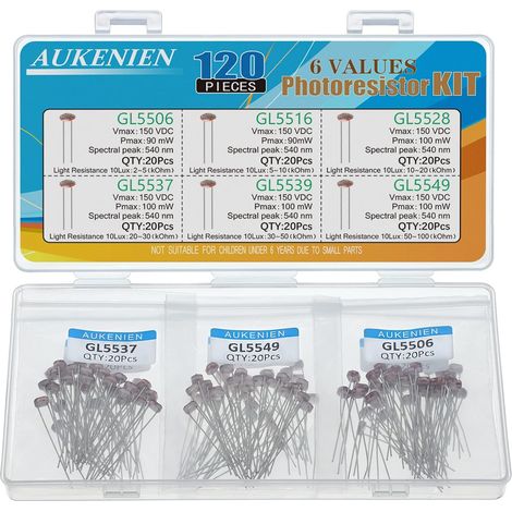5MM Photorésistance 6 Valeurs 120 Pièce Photoresistance Kit GL5506 GL5516 GL5528 GL5537 GL5539 GL5549 5506 5516 5528 5537 5539 5549 Capteur Luminosité IDR Photodiode (1/5)